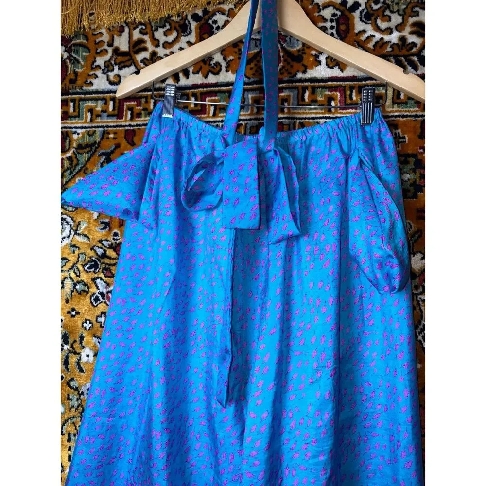 Vintage Custom 100% Silk Artsy Blue Patterned Wide Leg Pants Size M Boho Luxe